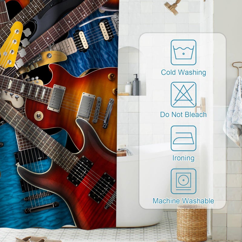 Final Friday Music Shower Curtain Instruments Kinds of Guitar Musical Theme Fabric Bathroom Decor Sets with Grommets and Hooks 72 x 72 Inch Brown,White, Blue - Image 4
